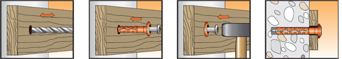Порядок монтажа EN-M - гвоздевой нейлоновый дюбель с широким грибовидным бортиком